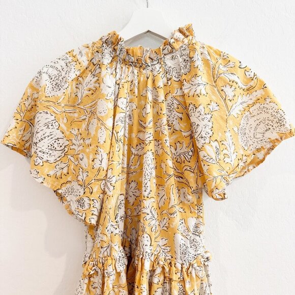 Floral 100% Cotton V-Neck Short Sleeve Ruffle Trim Flowy Mini Dress Boho Small - Picture 8 of 9